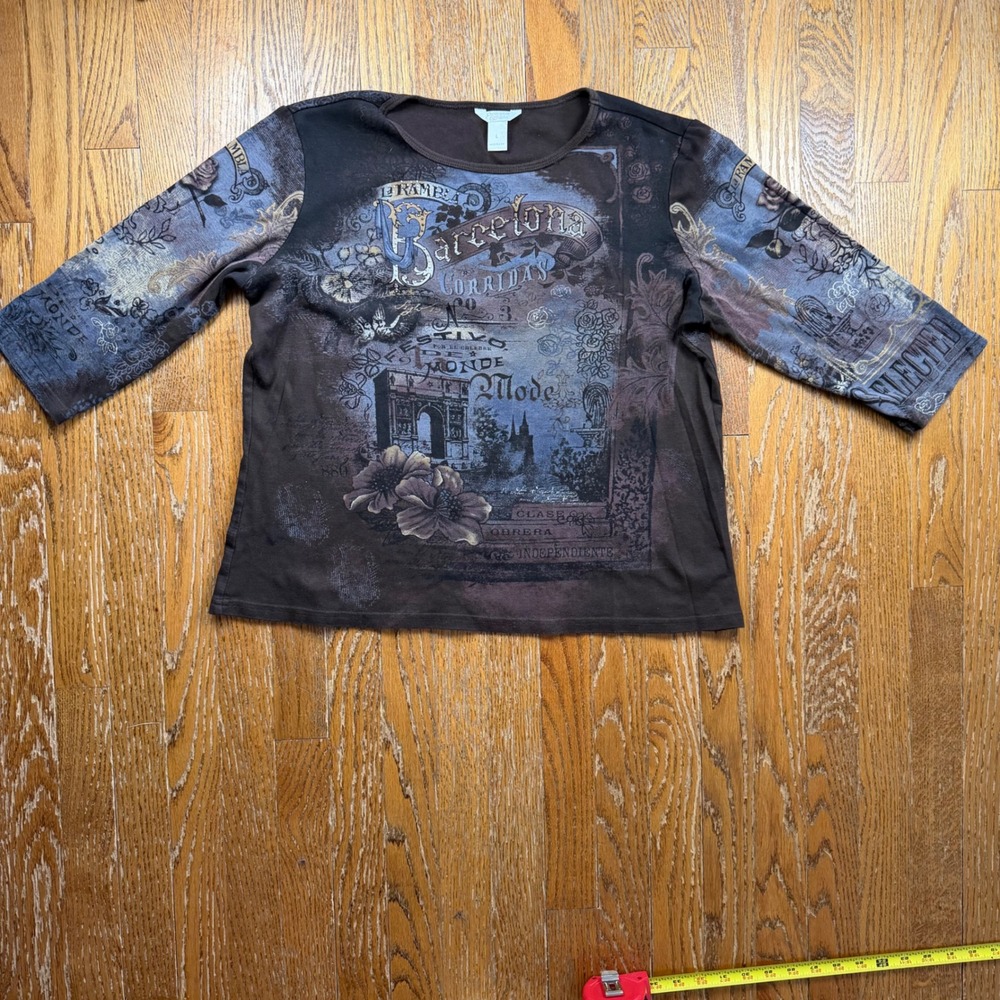 Vintage Y2K Christopher & Banks Graphic Top Large Brown 3/4 Sleeve All Over USA